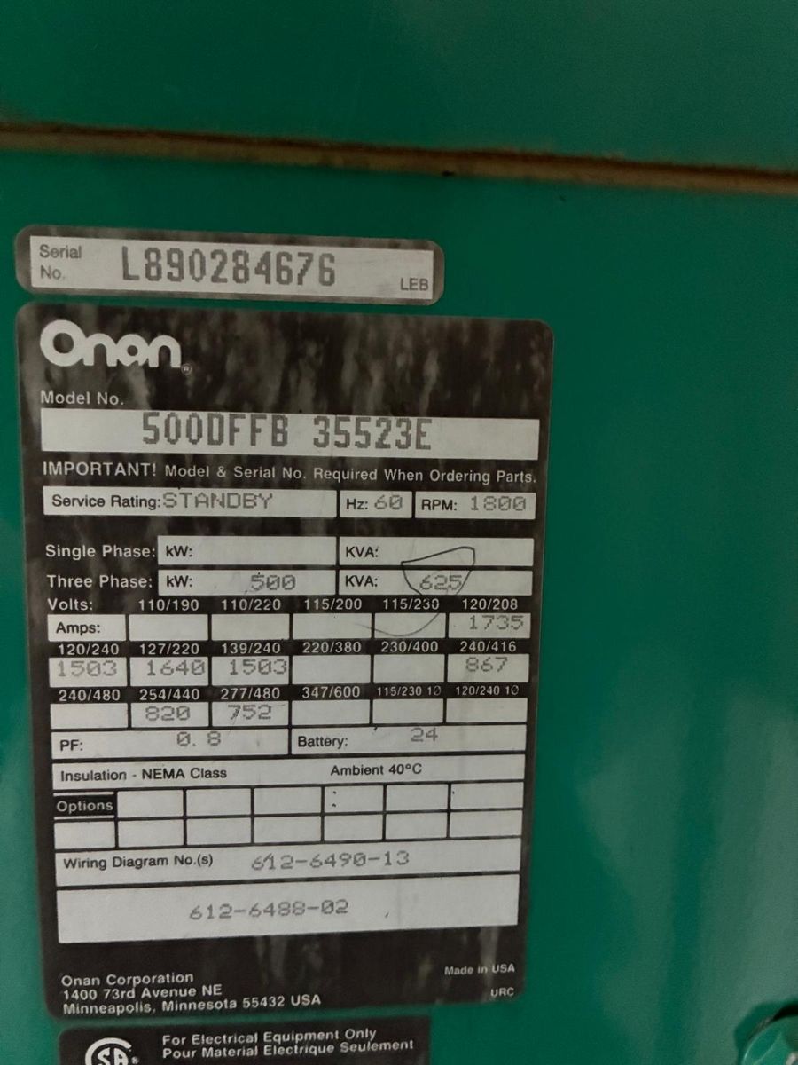 Factory nameplate of the generator: Onan model 500DFFB, standby
                  rating, three-phase 500 kW and 625 kVA, 60 Hz, 1800 rpm.